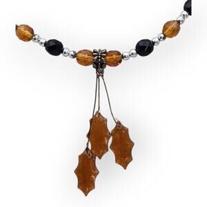 Black Amber Beaded Necklace with Leaf Dangles – Dark Academia Boho